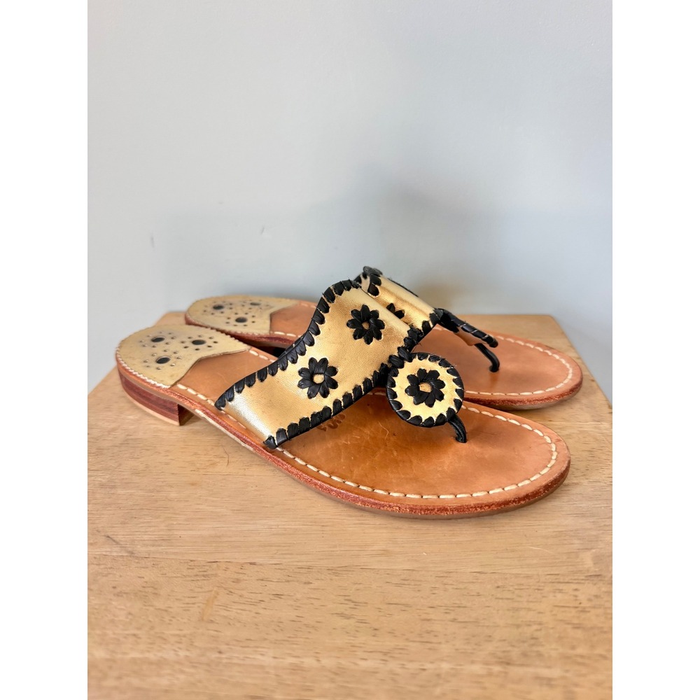 Jack Rogers Hamptons Sandals Gold Black Stitching Leather Floral Rondelle Size 7